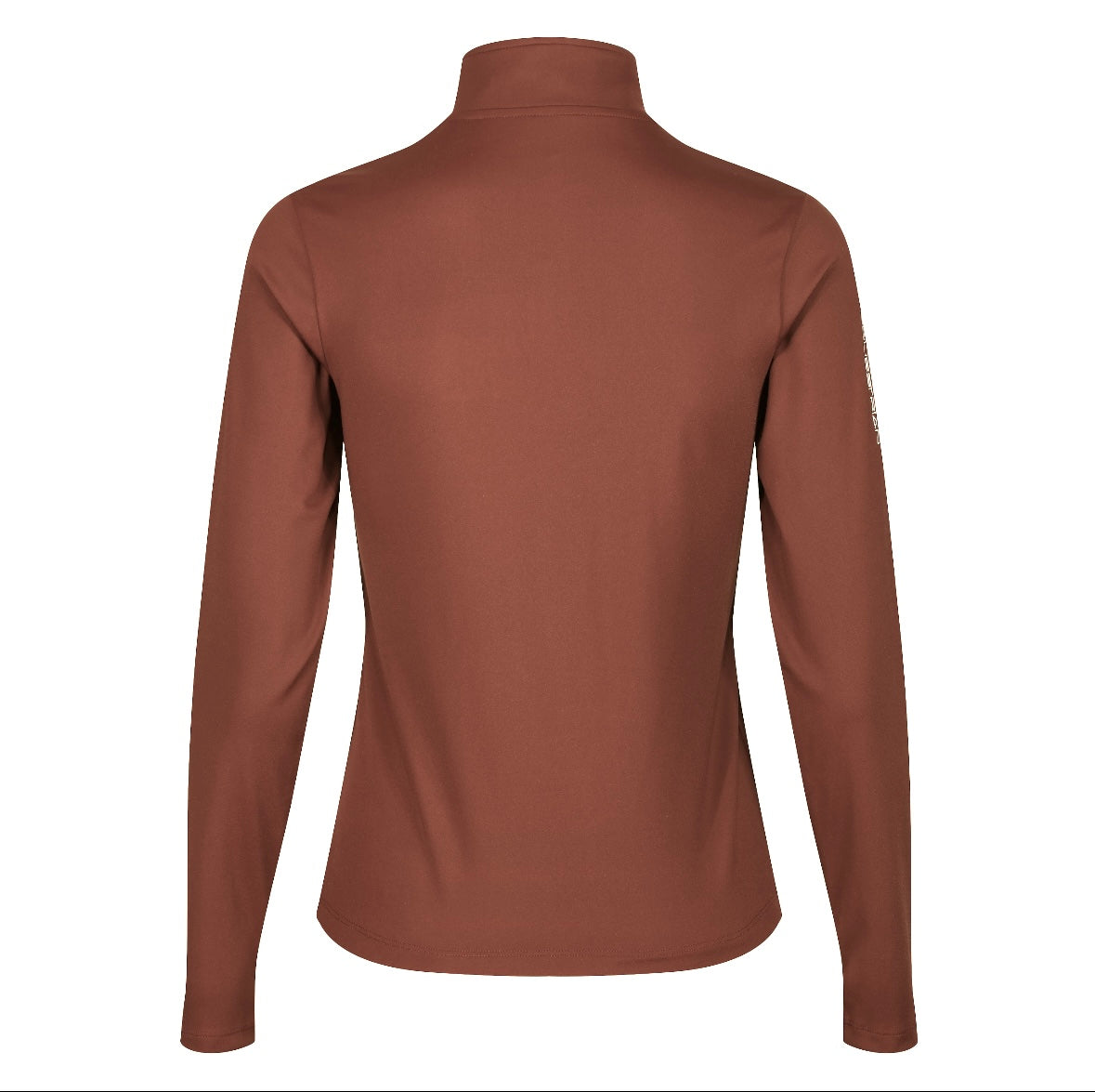 A person wearing a chestnut baselayer with black performance breeches sat on steps against a brick wall
