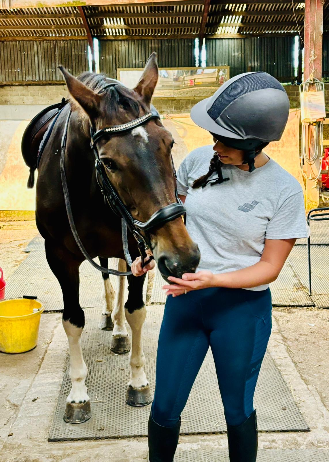 A person wearing a black riding helmet and a short-sleeved gray t-shirt, standing close to a brown horse with a halter on.