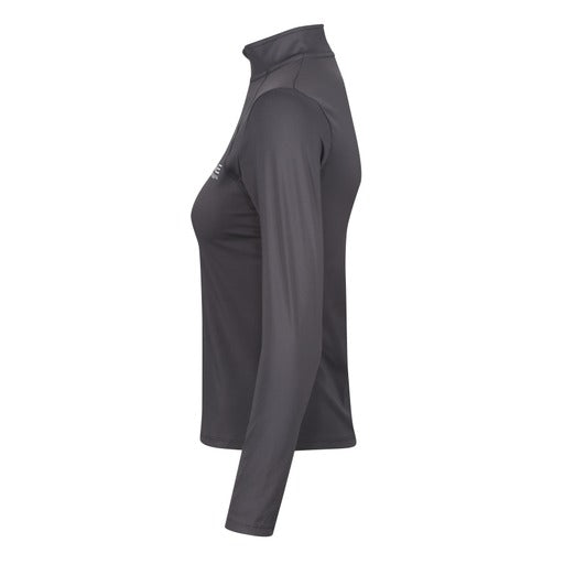 A grey performance base layer with a white logo on the chest on a white background