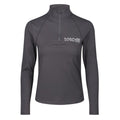A grey performance base layer with a white logo on the chest on a white background