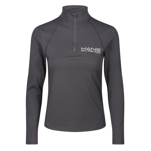 A grey performance base layer with a white logo on the chest on a white background