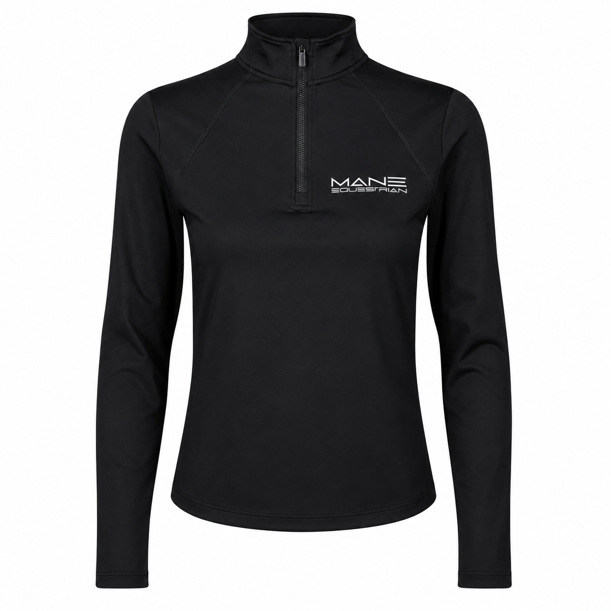 Black long-sleeve shirt with a logo on the chest against a white background