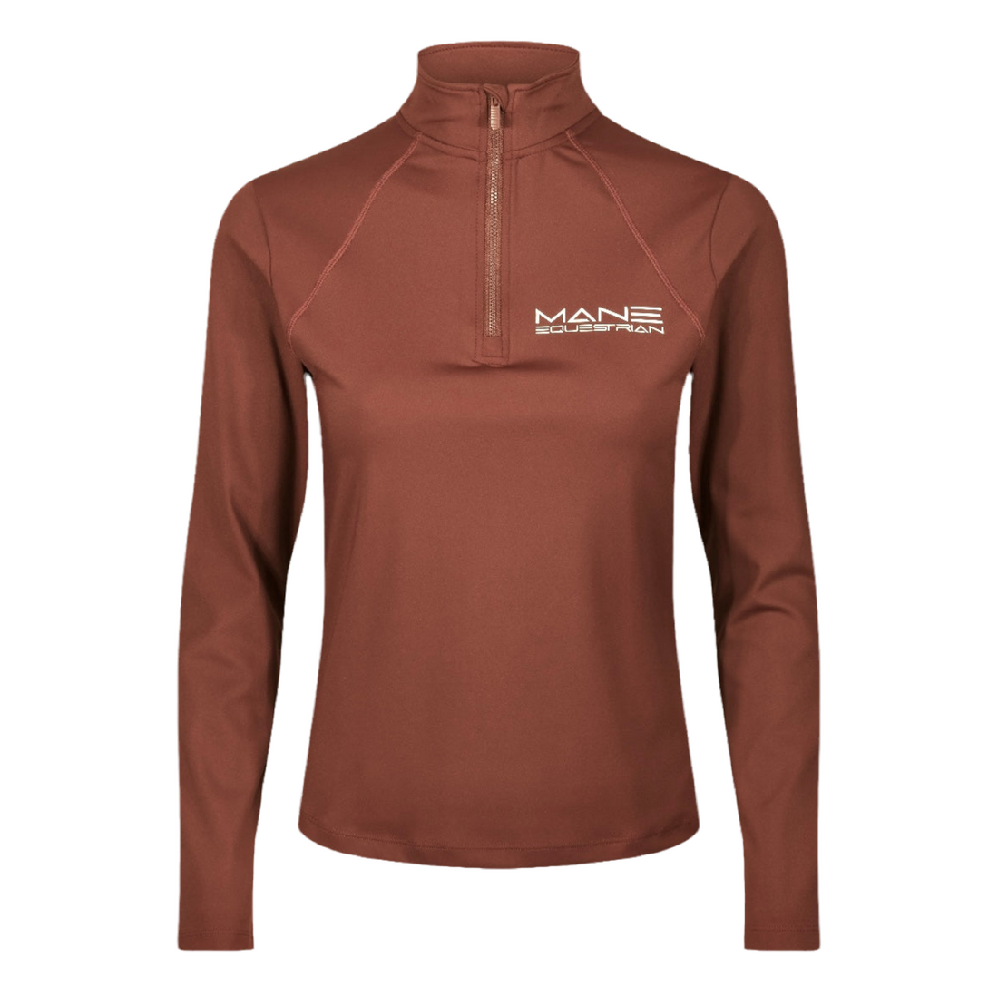 A person wearing a chestnut baselayer with black performance breeches sat on steps against a brick wall