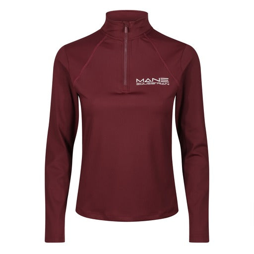 A person wearing a burgundy long sleeved base layer 