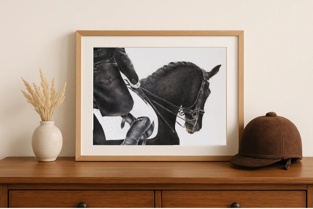 Framed black and white photograph of a horse on a wooden dresser with a vase and cap.