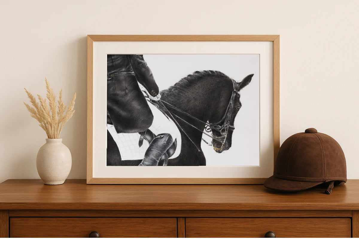 Framed black and white photograph of a horse on a wooden dresser with a vase and cap.