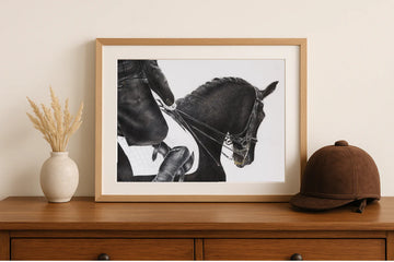 Framed black and white photograph of a horse on a wooden dresser with a vase and cap.