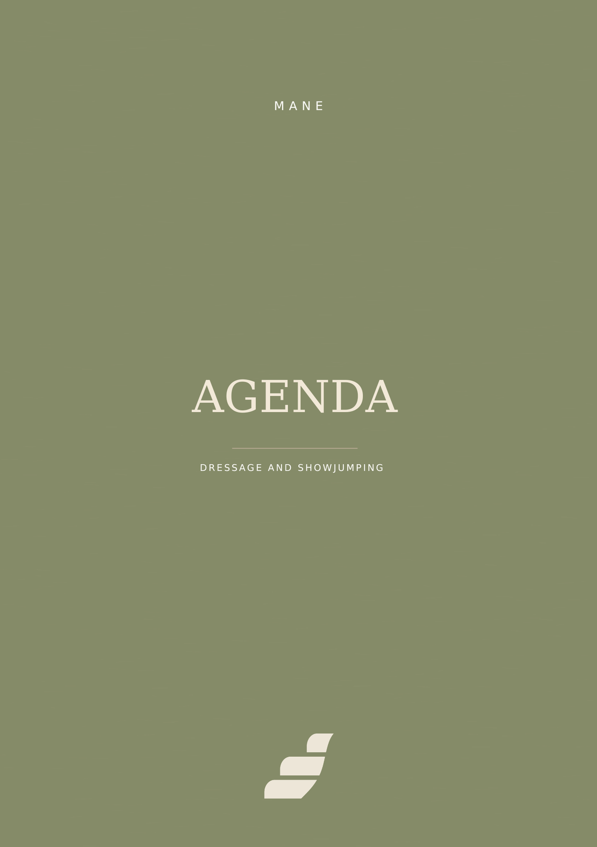 A minimalist book cover for 'Agenda: Dressage and Showjumping' by Mane, featuring a solid sage green background with cream-colored text and a small white logo at the bottom.