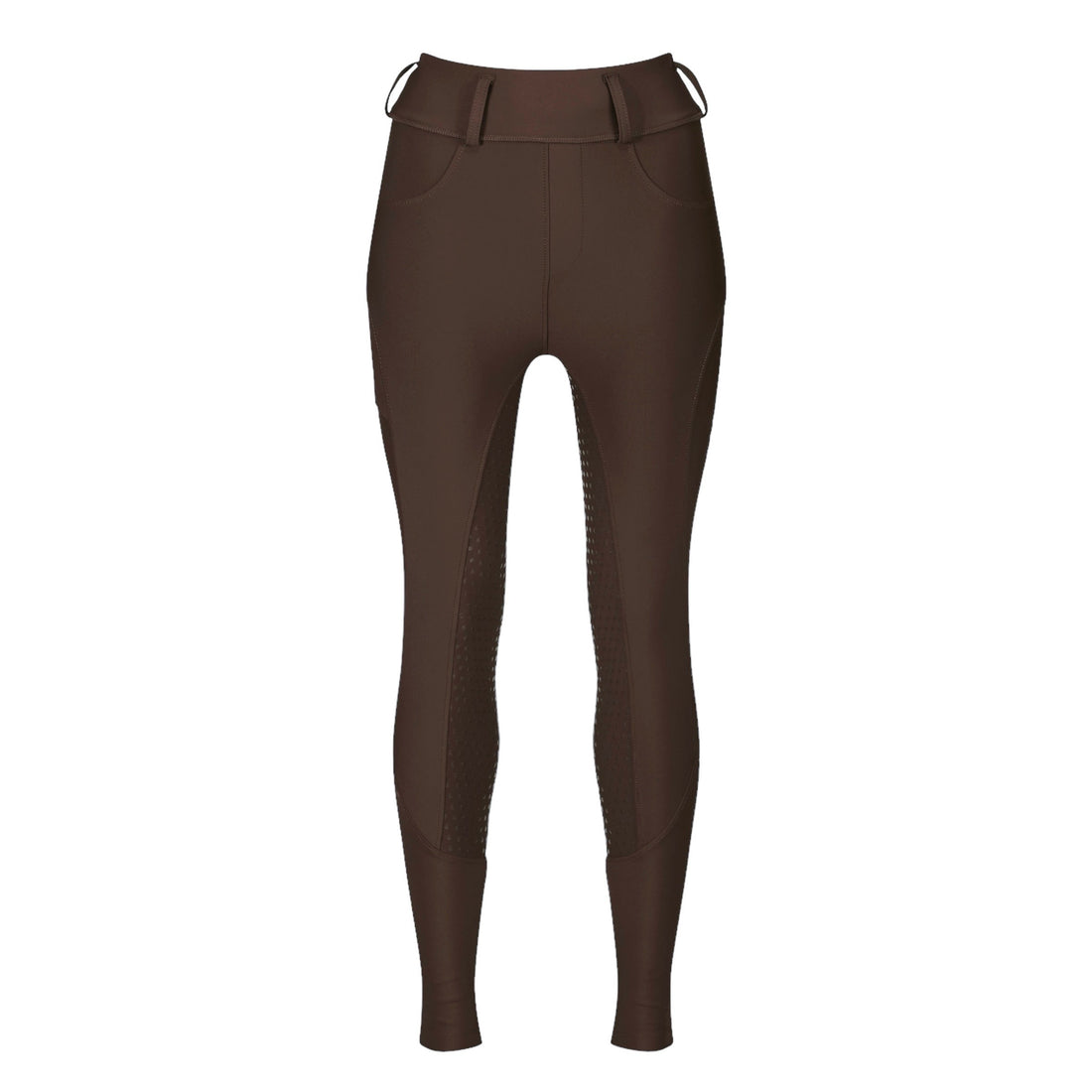 Two people in light brown long sleeved performance equestrian base layer. One person in black performance breeches and the other person in brown performance breeches 