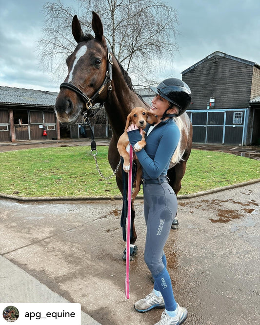 A person wearing grey baselayer and grey breeches stood looking up to a horse