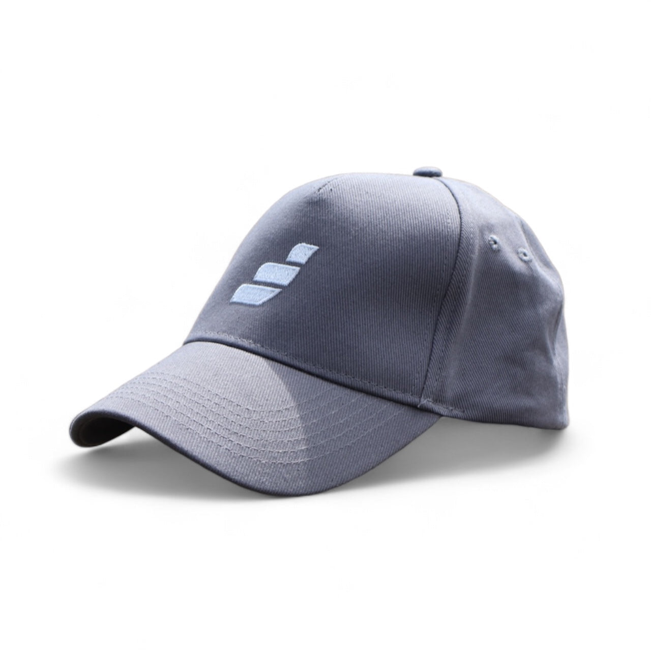 A person wearing a grey cap with a white logo on the front