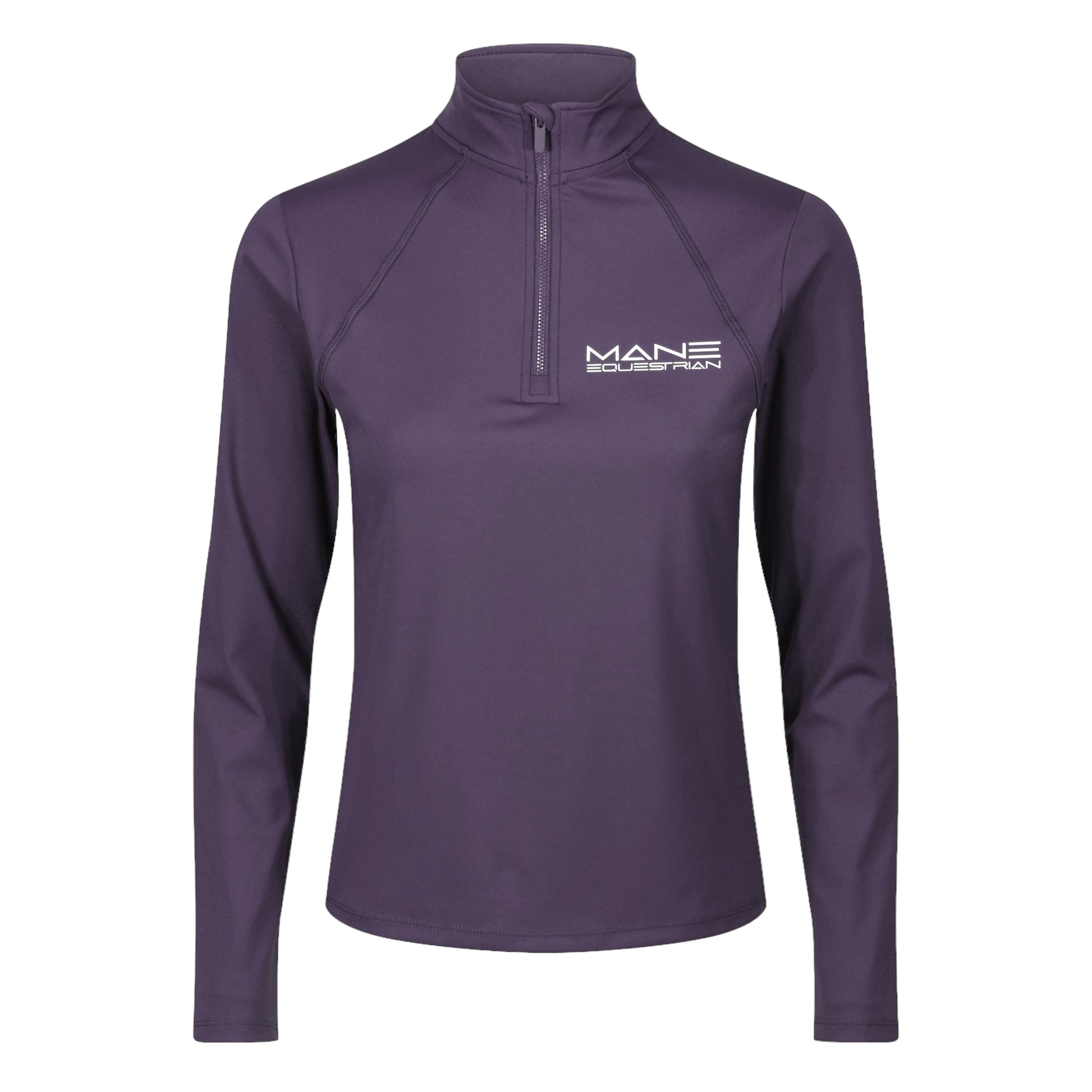 A purple performance base layer t-shirt with the brand logo 'MAN Equestrian' on the chest and a zipper detail on the right arm.