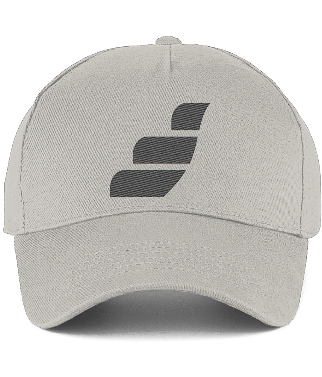 A white 5 panel cotton twill cap with a rip-strip size adjuster and an enlarged slate grey logo on the front.