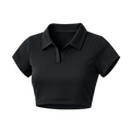 Black crop top with short sleeves and a collar on a white background