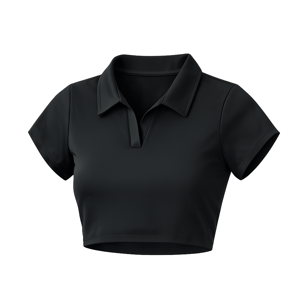 Black crop top with short sleeves and a collar on a white background