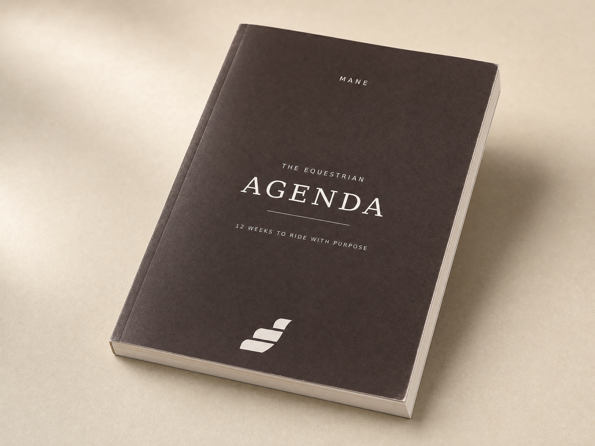 A digital planner mockup displayed on a light background The cover reads 'MANE THE EQUESTRIAN AGENDA'.