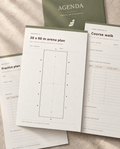 A set of printed sports/event planning agendas and worksheet pages laid out on a neutral surface. The main visible item is an agenda page titled '20 x 60 m arena plan,' with additional pages showing course walk and practice plan layouts.