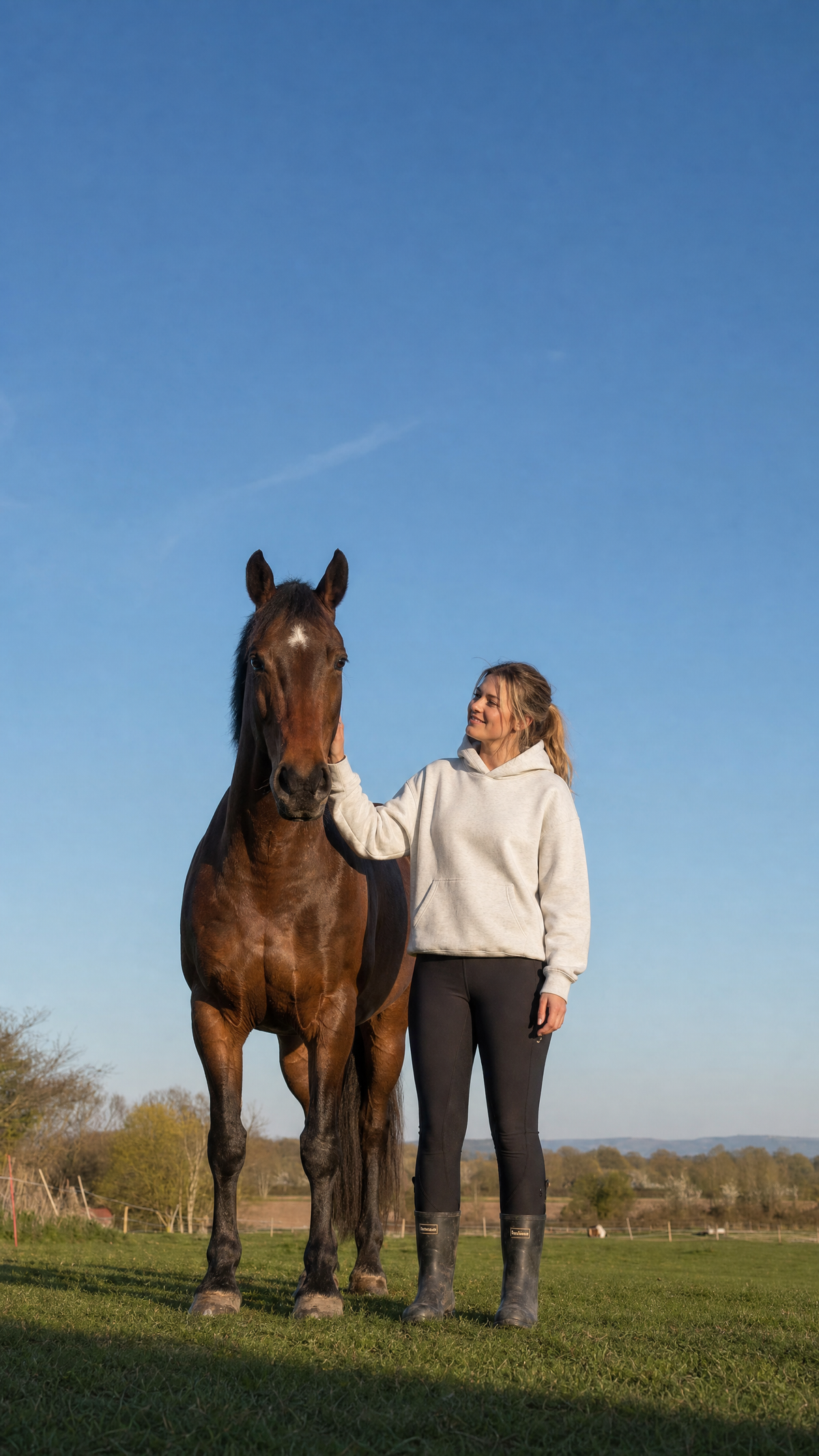A woman in a white hoodie and black leggings stands in a grassy field next to a brown horse under a clear blue sky.