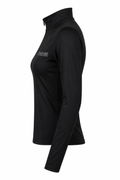 Black long-sleeve athletic shirt with a logo on a white background