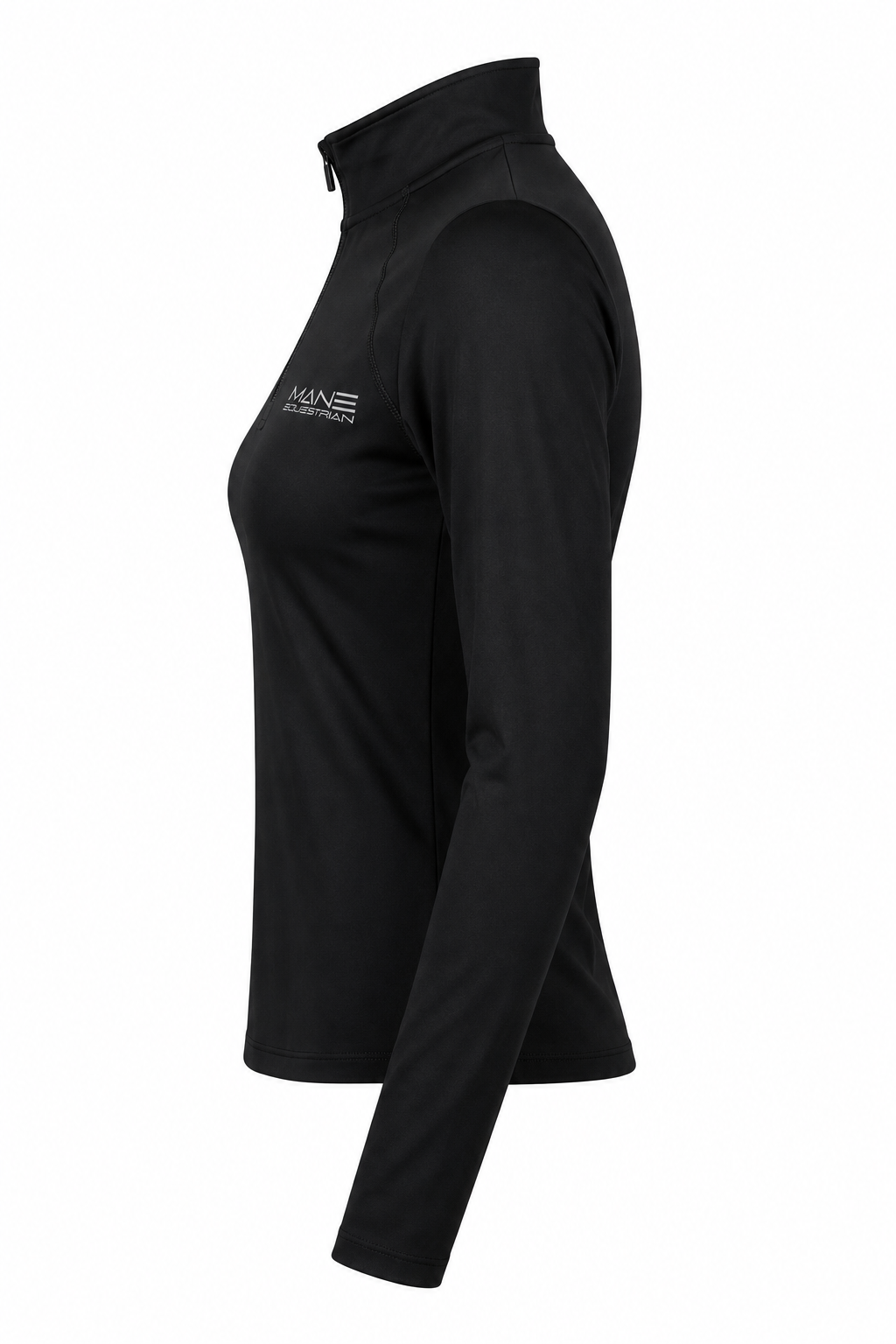 Black long-sleeve athletic shirt with a logo on a white background