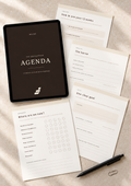 A digital planner template displayed on a tablet screen with several printed worksheet pages fanned out behind it, plus a black pen and paperclip on a soft beige fabric background. The tablet cover reads 'MANE THE EQUESTRIAN AGENDA'.