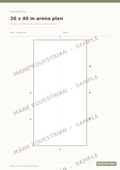 A dressage plan sheet showing a 20 x 40 m arena layout with labeled points and lines, on a light beige background with diagonal 'MANE EQUESTRIAN - SAMPLE' watermarks.