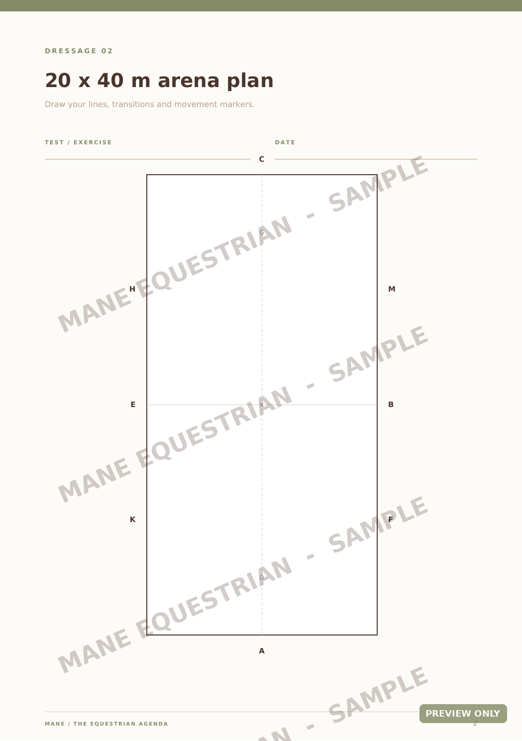 A dressage plan sheet showing a 20 x 40 m arena layout with labeled points and lines, on a light beige background with diagonal 'MANE EQUESTRIAN - SAMPLE' watermarks.