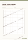 A course and arena plan template page with a large grid for drawing a horse racing track and mark distances, titled 'Course and arena plan' with 'SHOW JUMPING 02' at the top. The page has a light cream background with thin gray grid lines and repeated diagonal 'MANE EQUESTRIAN - SAMPLE' watermarks.