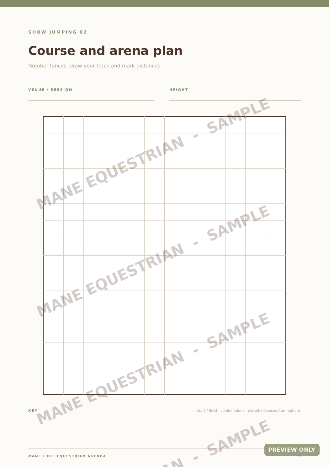 A course and arena plan template page with a large grid for drawing a horse racing track and mark distances, titled 'Course and arena plan' with 'SHOW JUMPING 02' at the top. The page has a light cream background with thin gray grid lines and repeated diagonal 'MANE EQUESTRIAN - SAMPLE' watermarks.